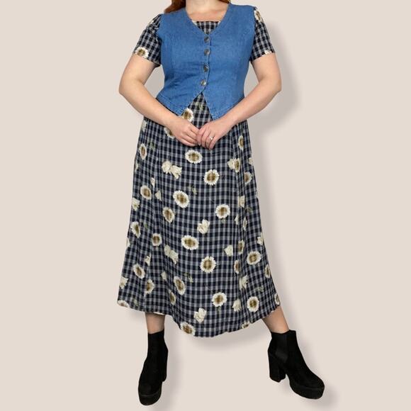 Vintage Croft & Barrow Medium Chambray Plaid Sunflower Layered Vest Midi Dress - Picture 5 of 12